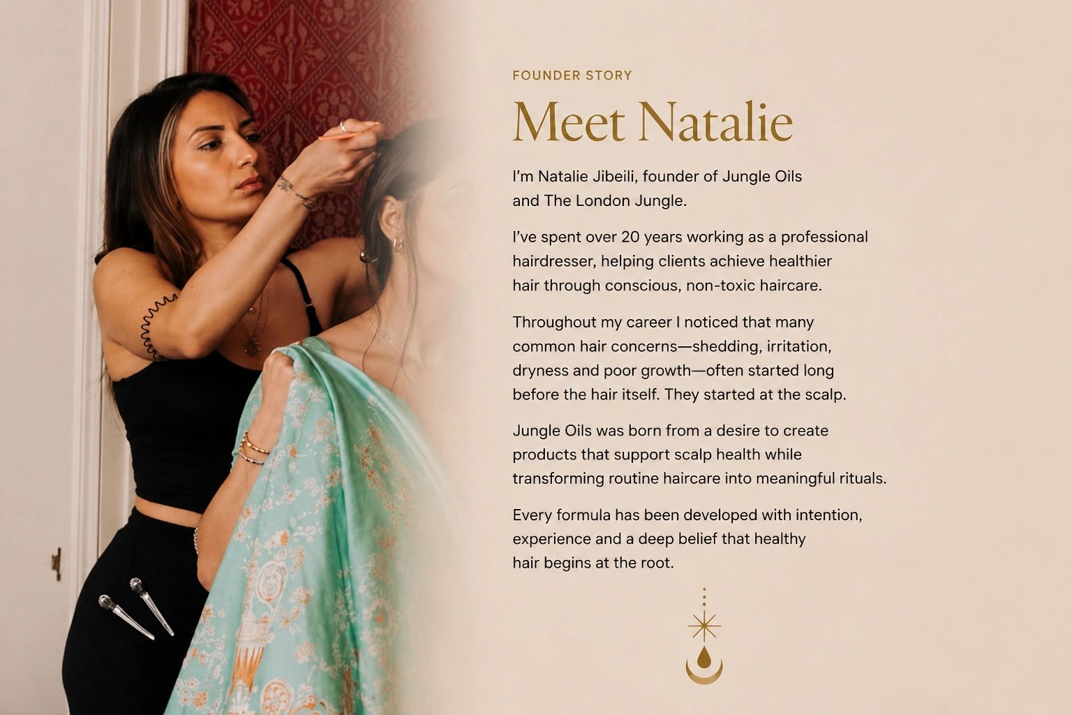 Natalie Jibeili styling a client's hair with a founder story beside her.