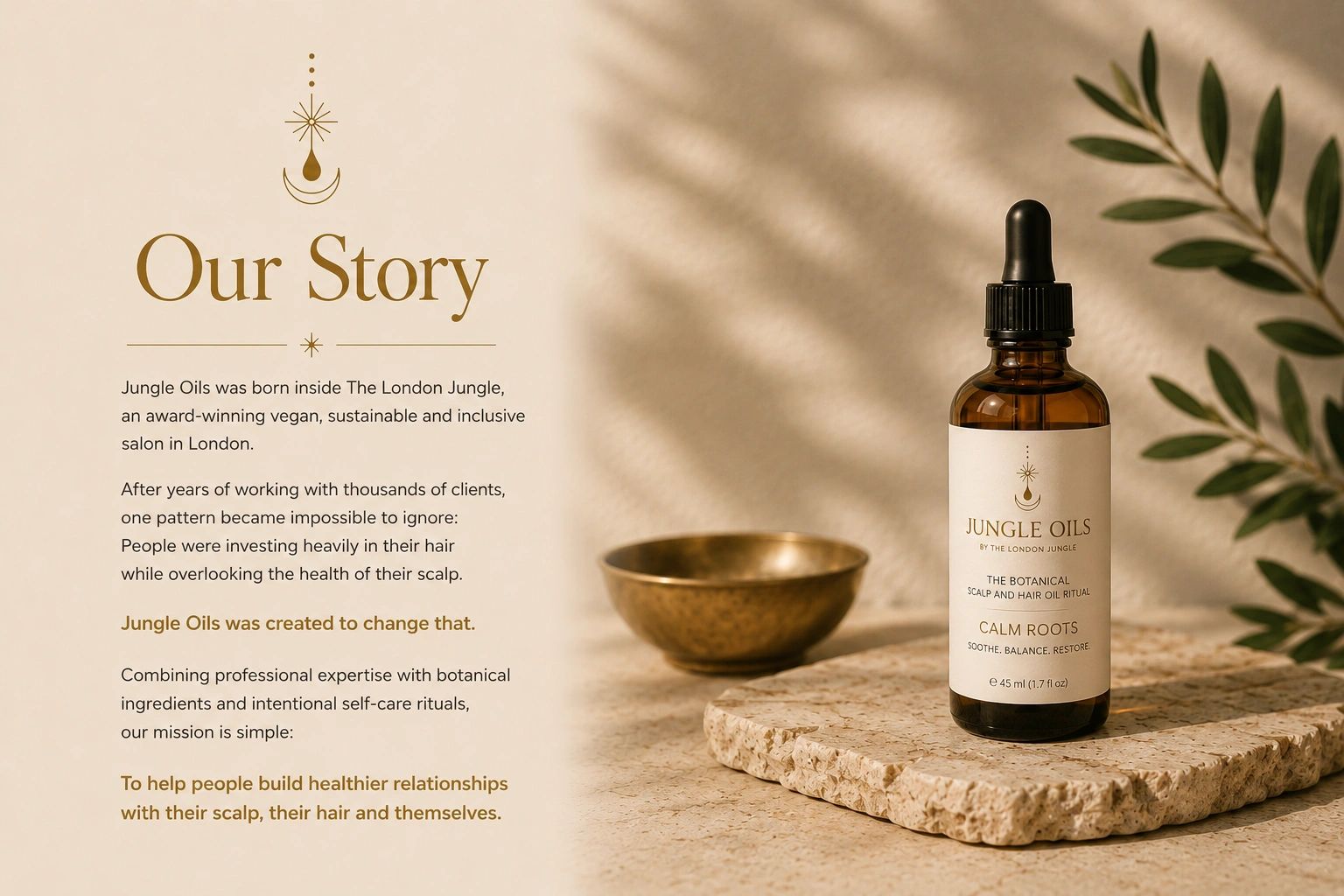 Jungle Oils scalp and hair oil with brand story text.