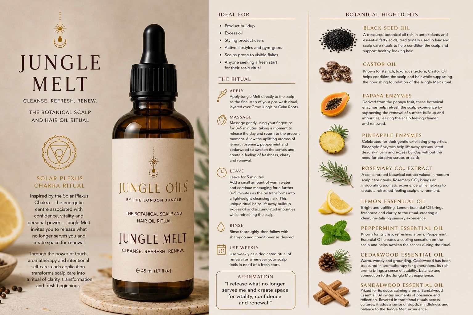 Jungle Melt hair and scalp oil with ingredients and usage guide.
