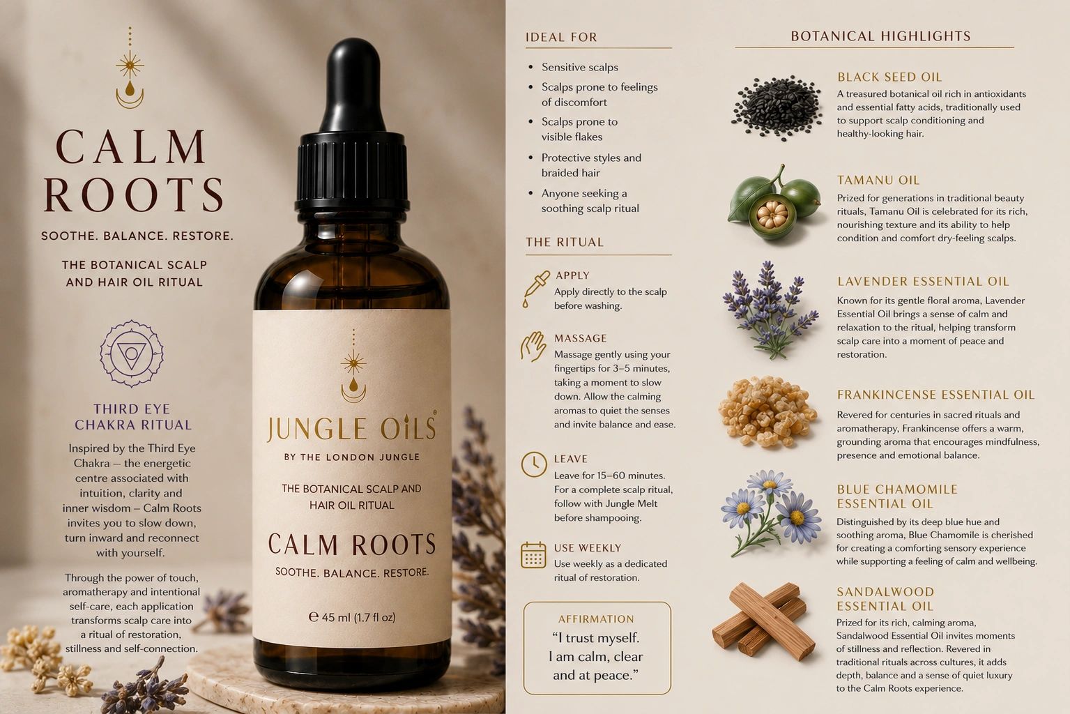 Calm Roots botanical scalp and hair oil for soothing and restoring balance.