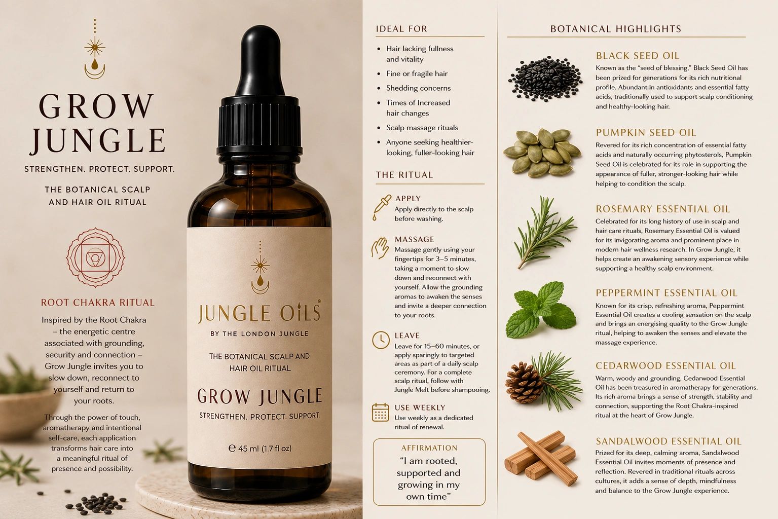 Jungle Oils botanical scalp and hair oil ritual for healthy, full hair.
