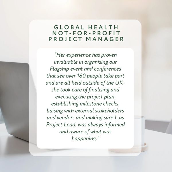 A client quote in a white box against a background image of a laptop