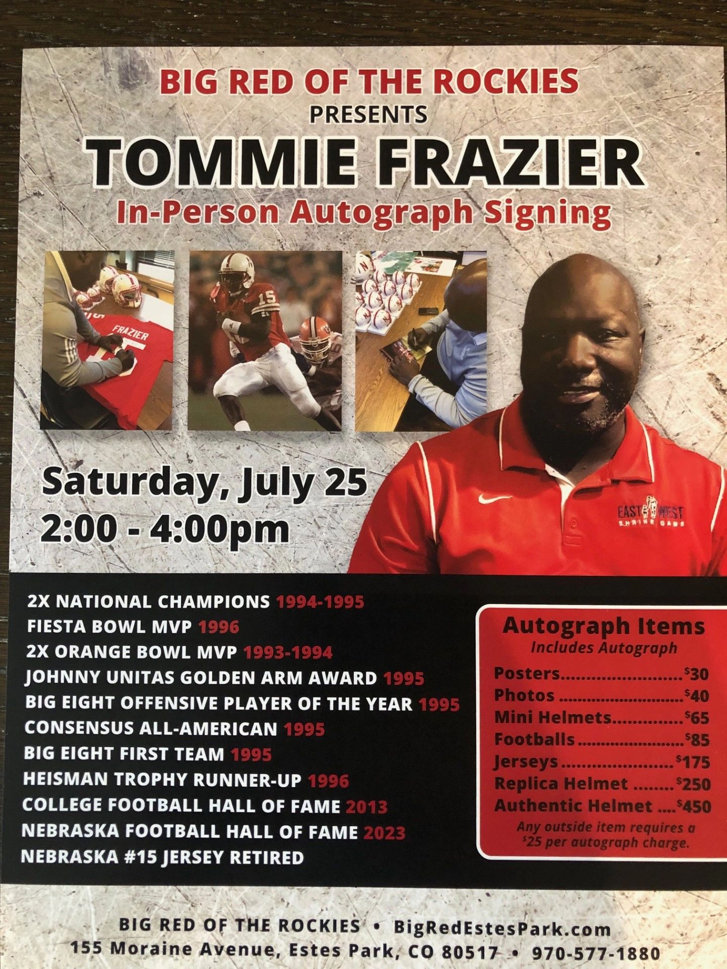 Flyer for Tommie Frazier's in-person autograph signing event on July 25.