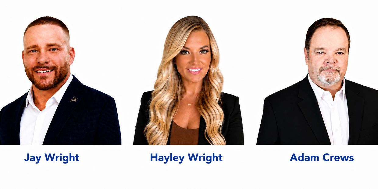 Professional portraits of Jay Wright, Hayley Wright, and Adam Crews in business attire.