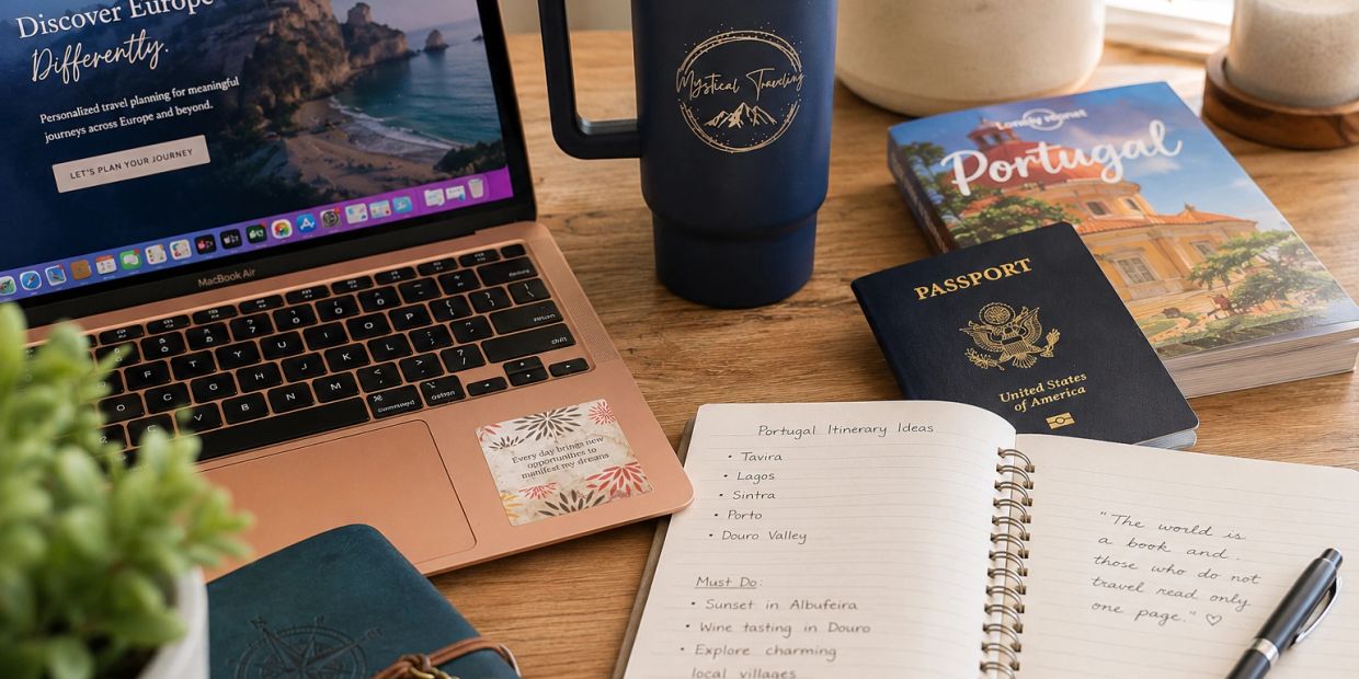 Travel planning items for a Portugal trip on a wooden table.