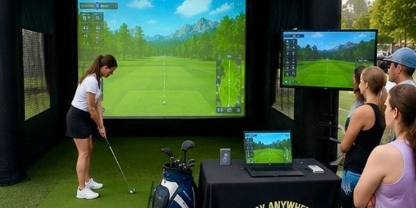Woman playing golf indoors with spectators.