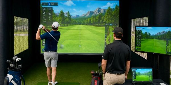 Two men playing golf in an indoor simulator.