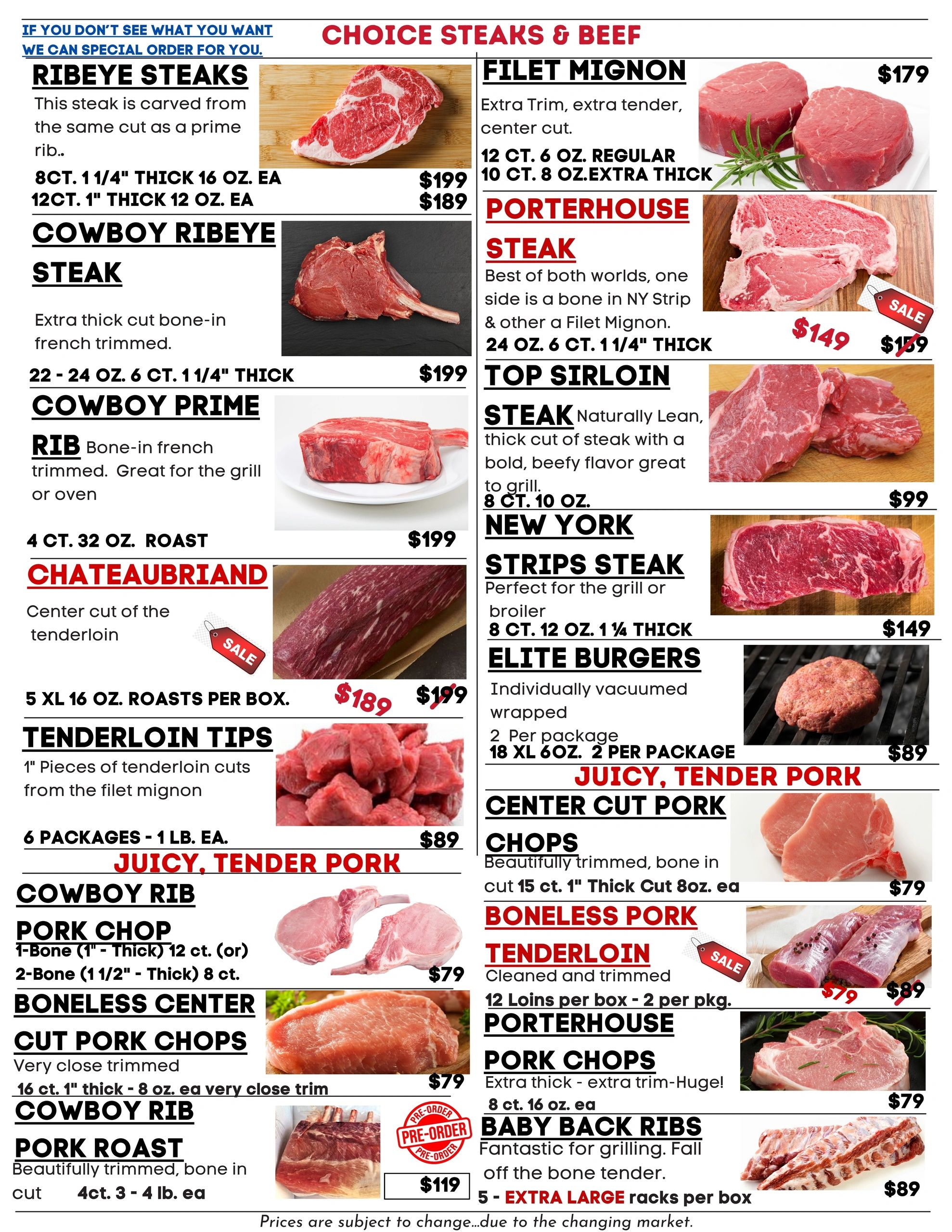 Menu featuring various choice steaks and beef cuts with prices and images.