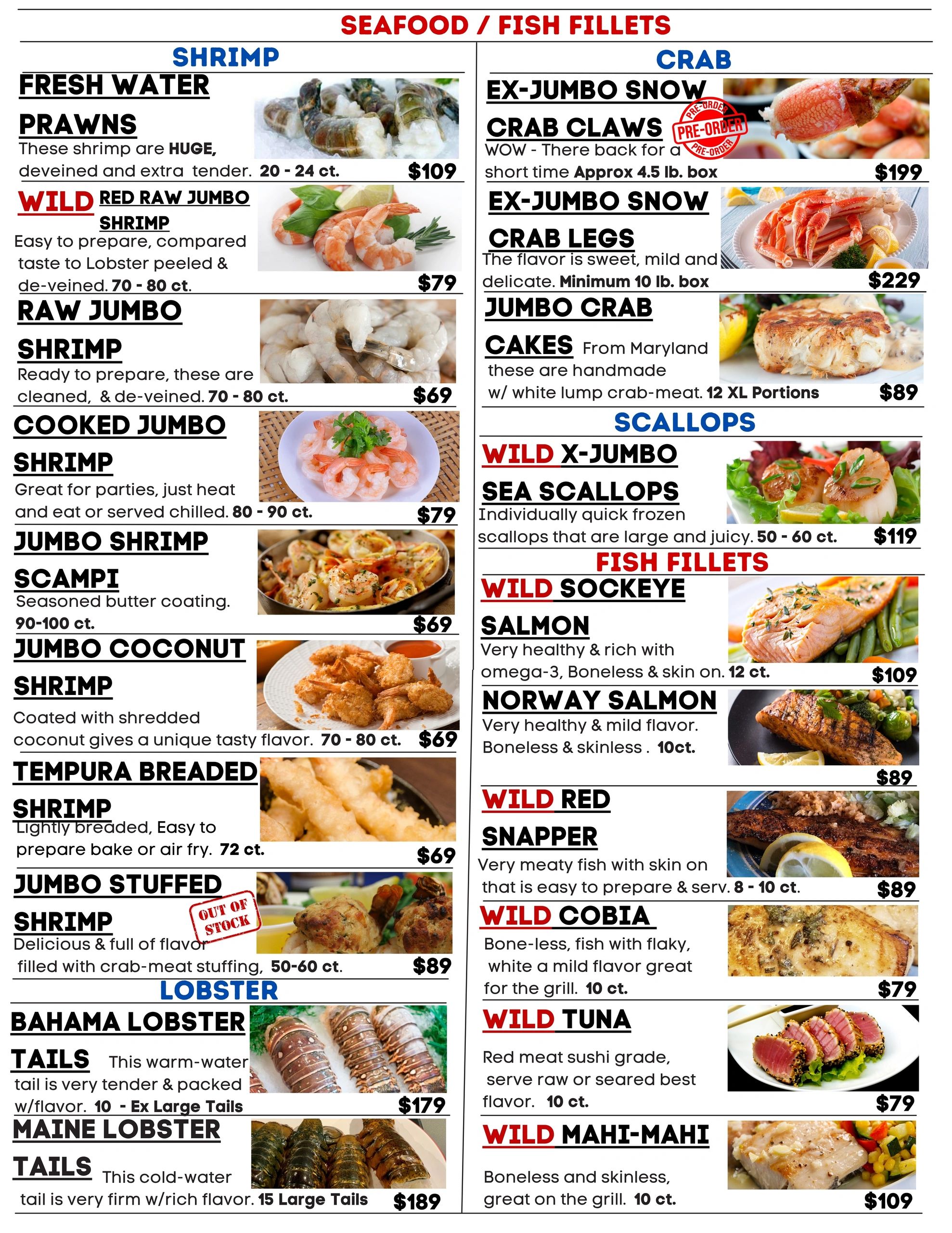 Seafood and fish fillets menu with shrimp, crab, scallops, and fish options.
