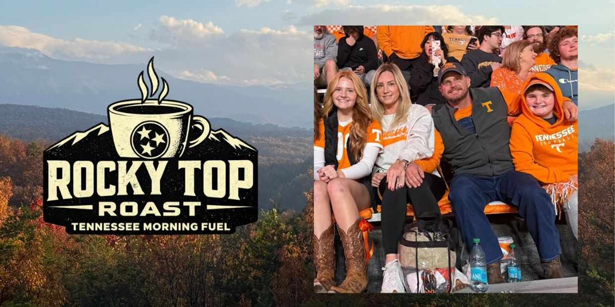 Family enjoying a Tennessee football game dressed in team colors.