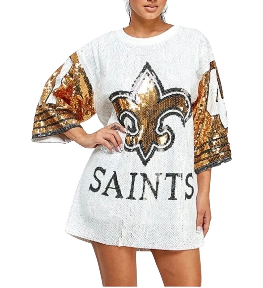 New Orleans Saints "Kamara" White & Gold Sequin Jersey Party Dress