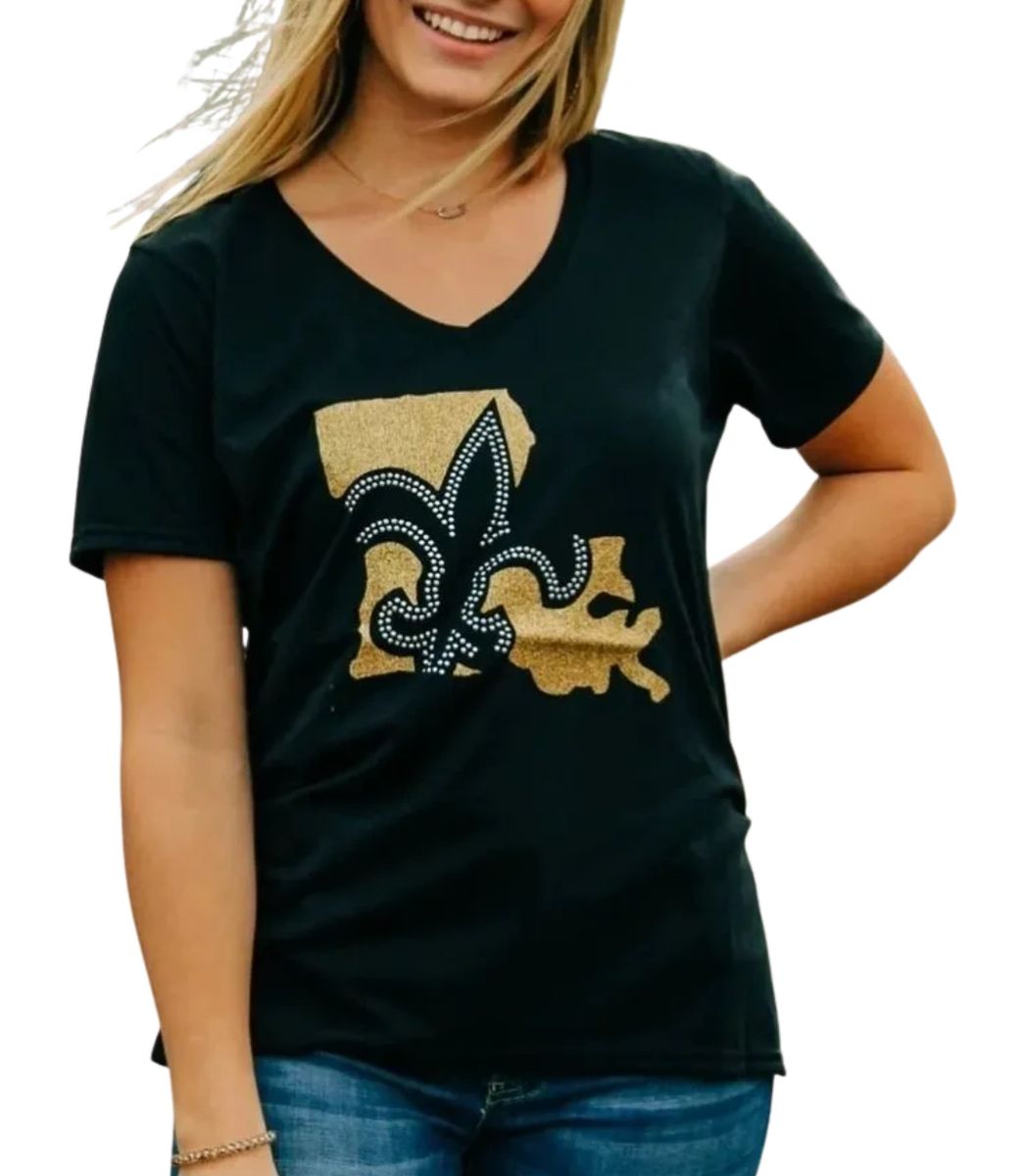 New Orleans Saints Women's Black Rhinestone and Glitter T-Shirt