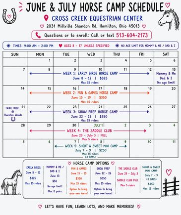 June &amp; July horse camp schedule with details on dates, prices, and age limits.