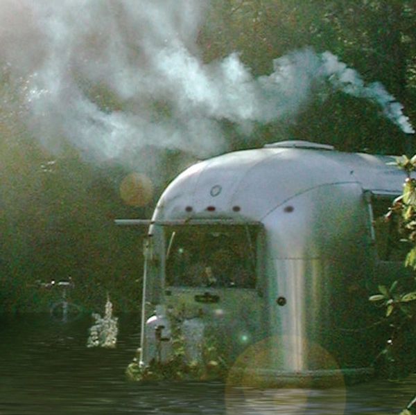 Beautiful Airstream floating in the flood.