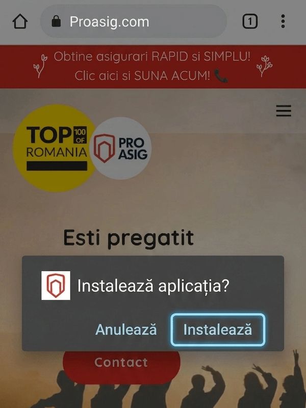 Prompt to install the Proasig app on a Romanian insurance website.