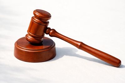 A wooden judge's gavel resting on a sound block on a white surface.