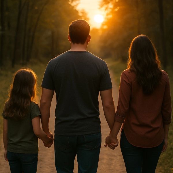 Family holding hands walking toward the sunset on a forest path.