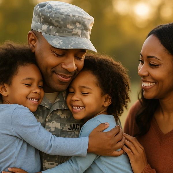 Military father hugs his two smiling children while mother looks on happily.