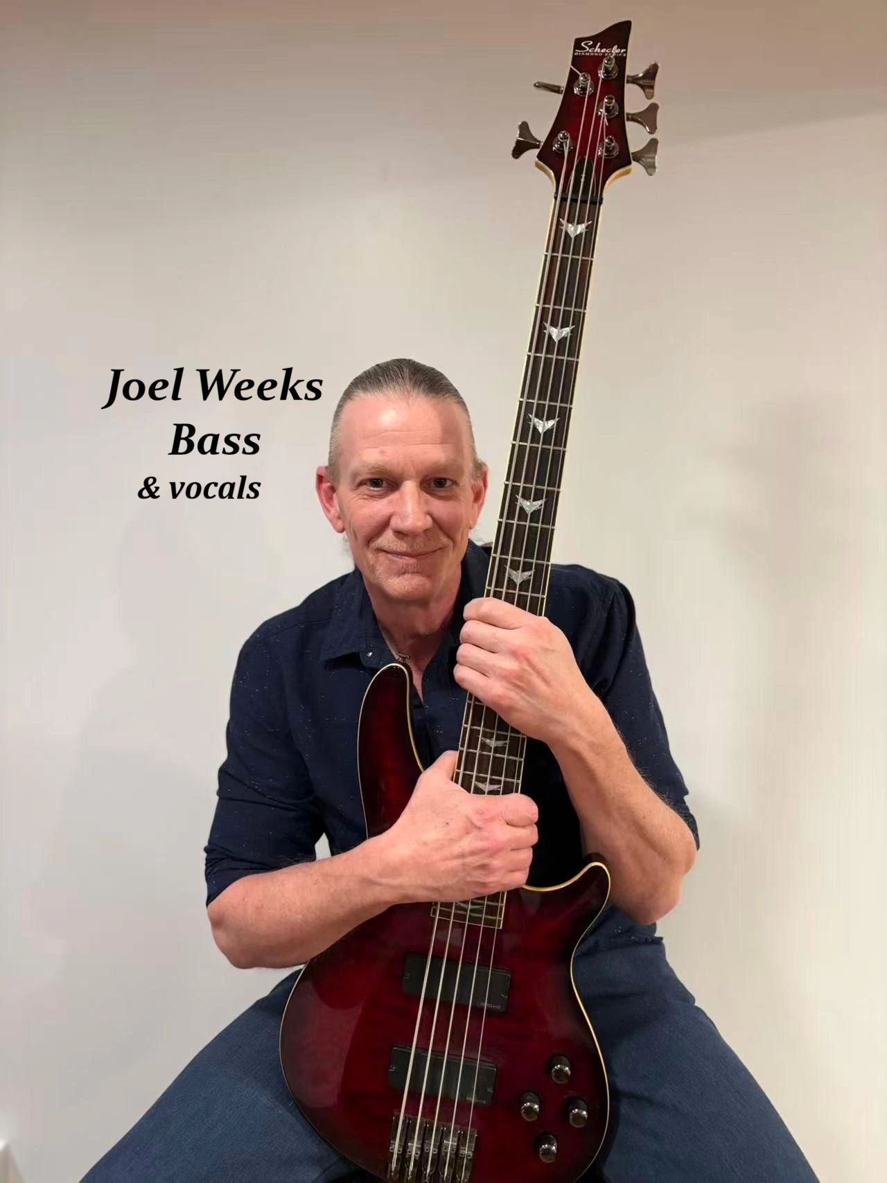 Joel Weeks holding a bass guitar, smiling, with text identifying him as bass and vocals.