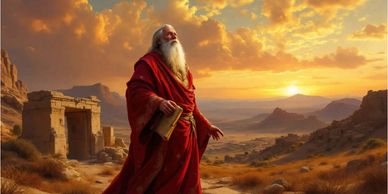 An elderly bearded man in red robes holds a scroll at sunset in an ancient desert landscape.