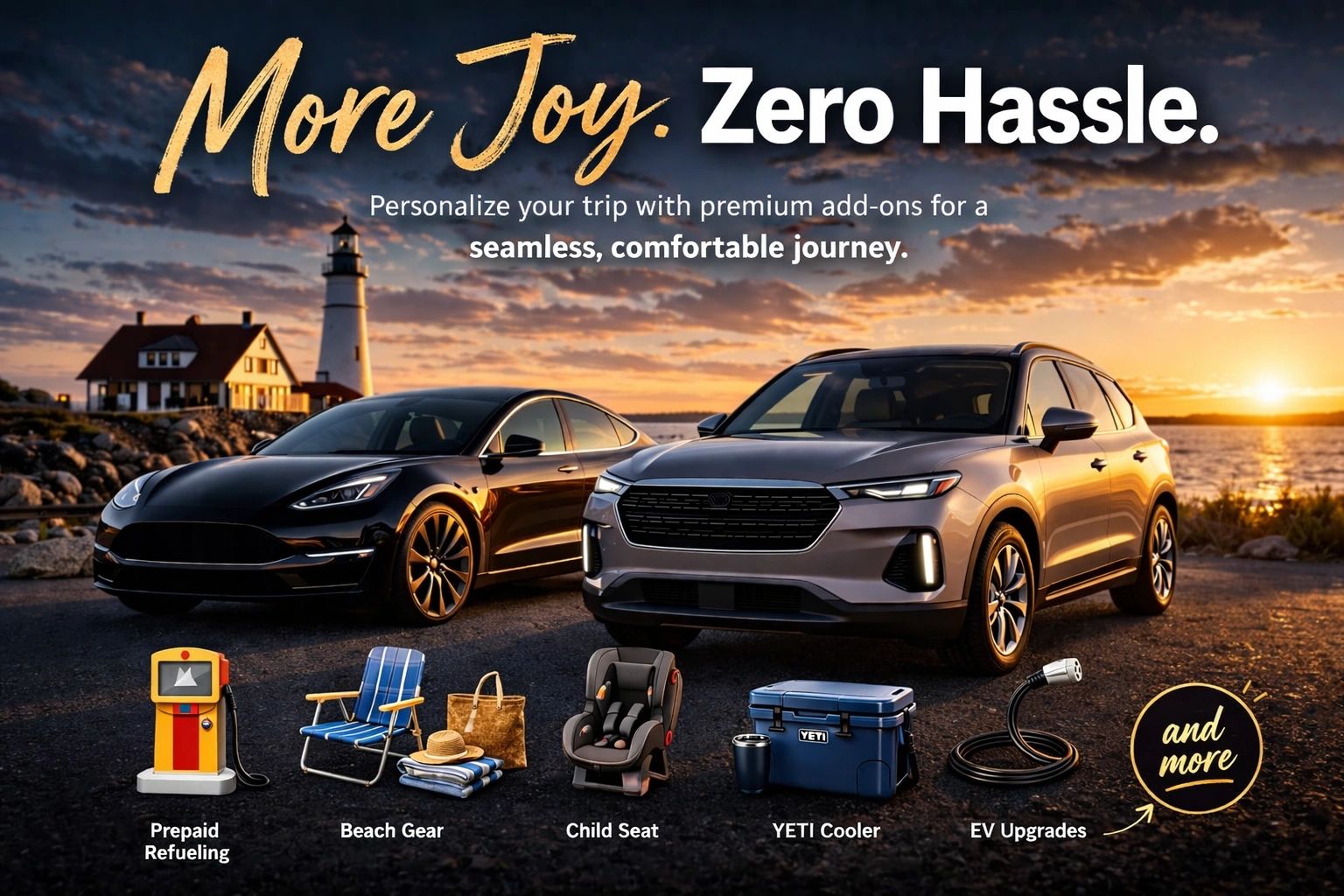 Two cars at sunset with travel add-ons like child seat and cooler.