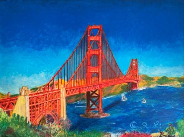 orange-red color bridge, blue bay, blue sky, bicyclist riding a bike, sailing boats