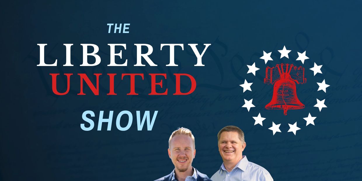 Logo and hosts of The Liberty United Show with a liberty bell surrounded by stars.