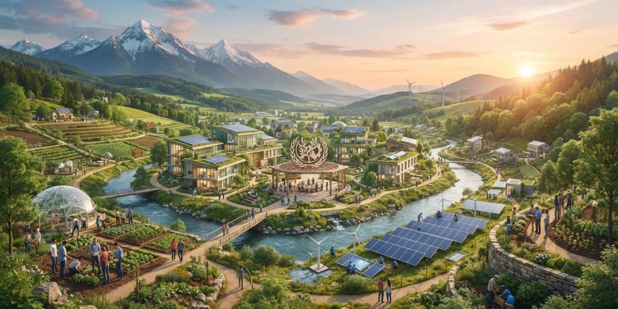 Sustainable village with solar panels, wind turbines, and community gardens in a mountain valley.