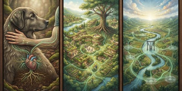 Surreal triptych showing a dog, a village, and a river connected by glowing roots.