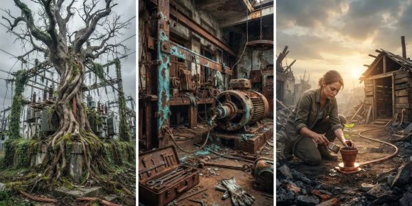 Three images depicting nature reclaiming abandoned industrial sites and a woman planting a sapling.