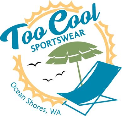 Logo of Too Cool Sportswear with beach theme and location.