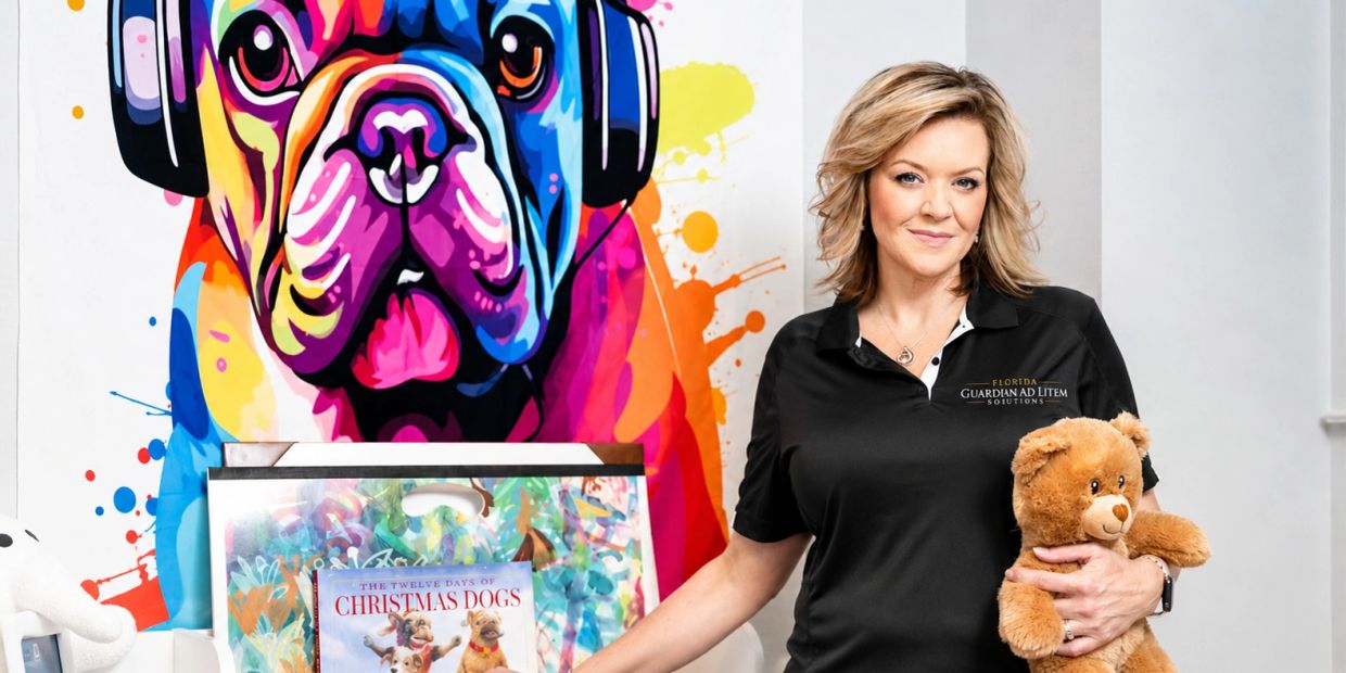 Woman holding teddy bear beside colorful dog artwork.