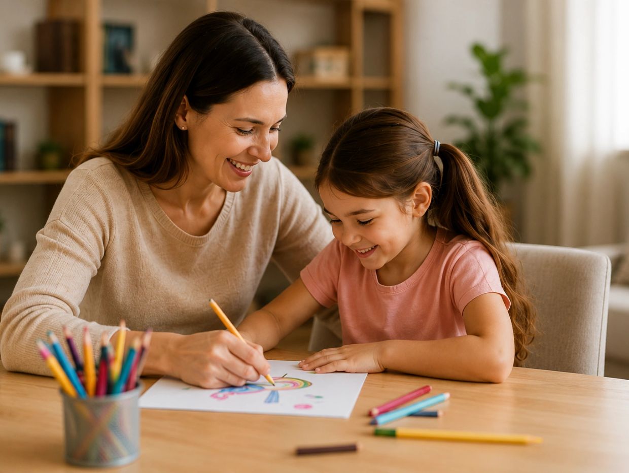 Mother and daughter drawing together happily.