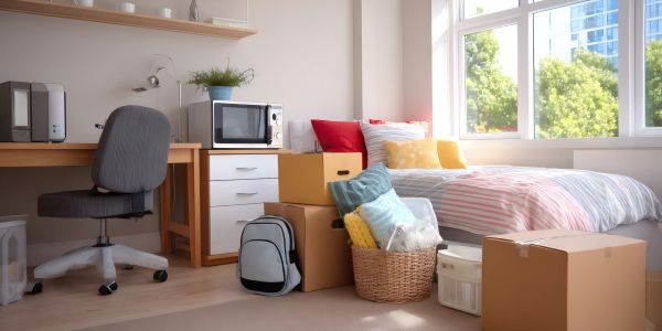 Cozy room with packed boxes and moving items near a bed.