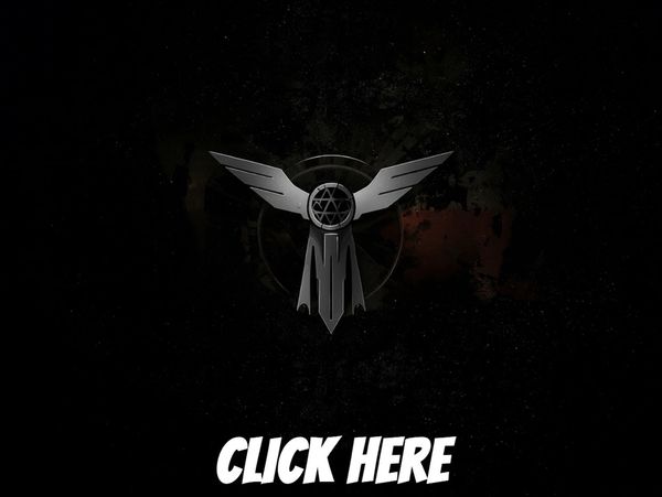 A metallic winged emblem with a star, text below says 'CLICK HERE'.