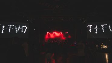 Dark concert scene with red stage lights and audience silhouettes.