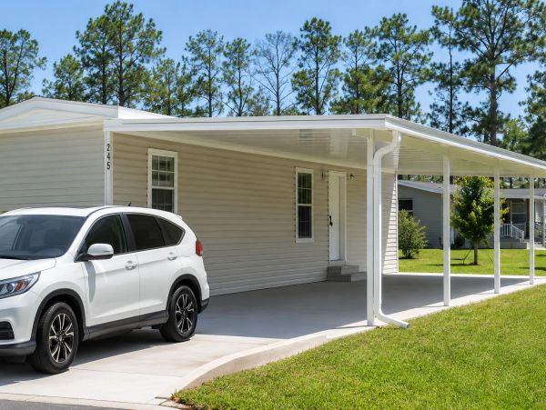 White car parked beside a house with a carport.
