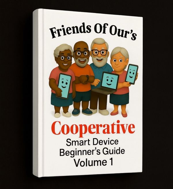Book cover for a beginner's guide on smart devices featuring diverse elderly characters.