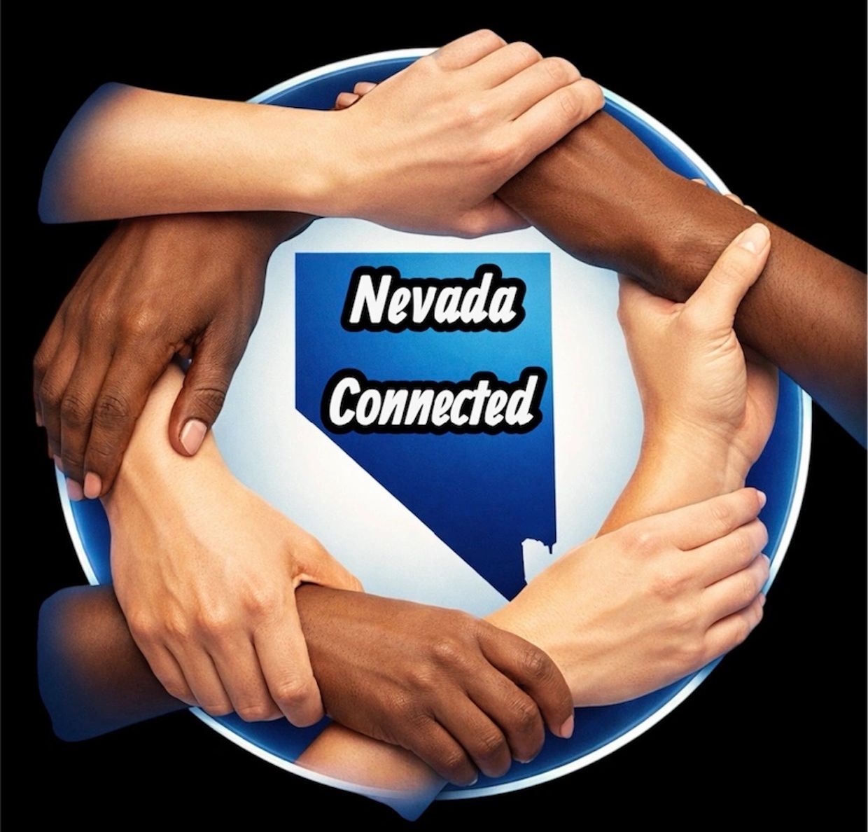 Diverse hands linked in unity around Nevada with 'Nevada Connected' text.