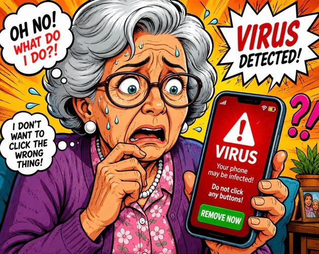 woman she stressed out her phone says virus. She’s notably nervous sweating panicking her face 