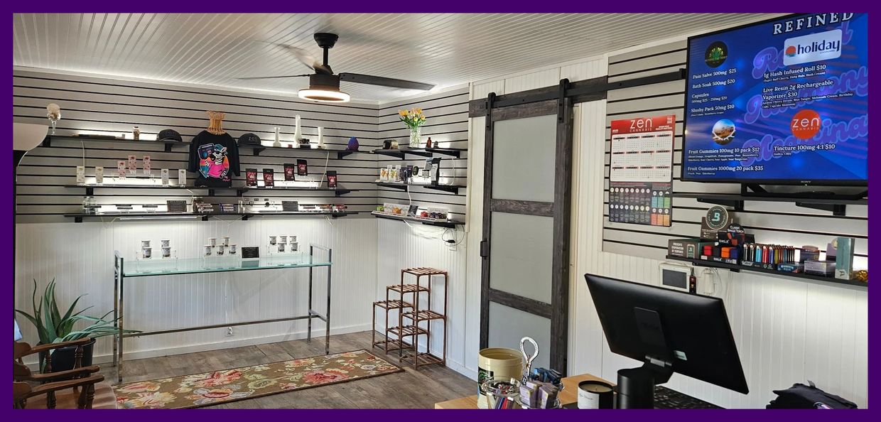 Modern retail cannabis store interior with products on shelves and a digital menu.