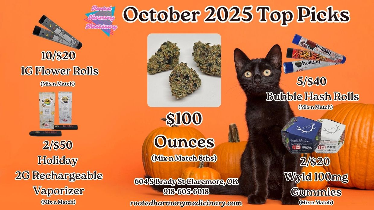 October 2025 cannabis deals with a black cat and pumpkins on orange background.