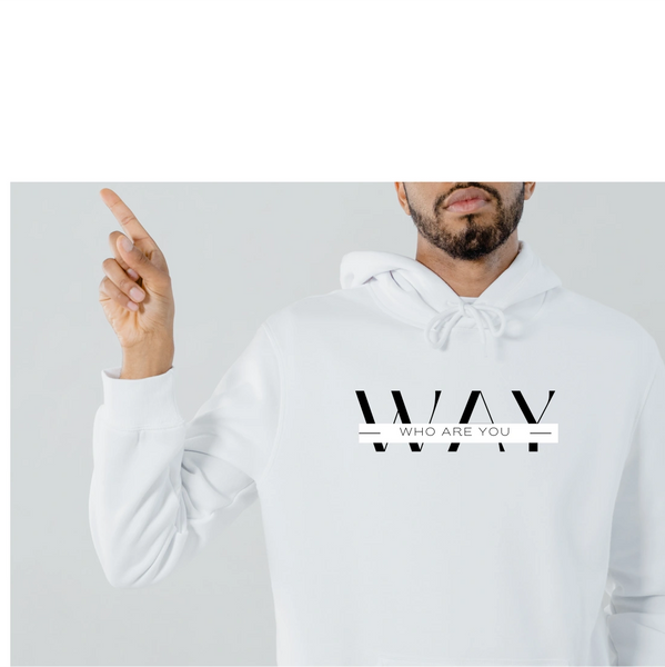 a man wearing a white hoodie with WAY logo
