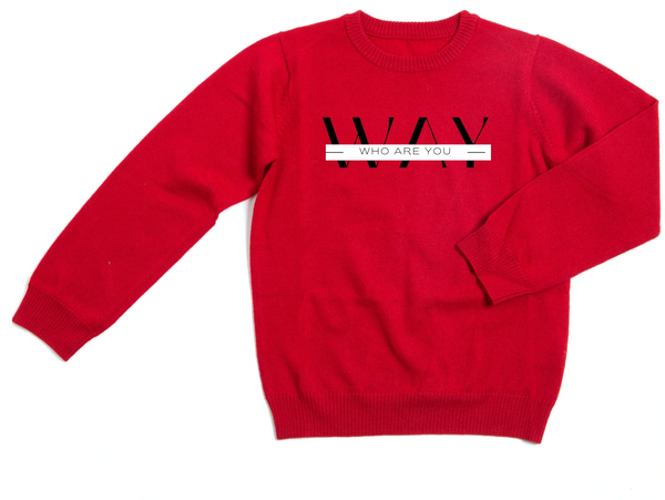 Red sweater with WAY logo 