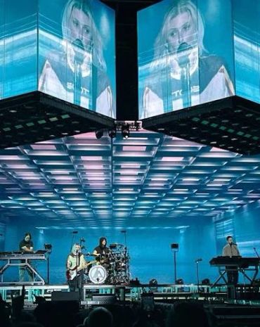 Band performing live under large ceiling screens.