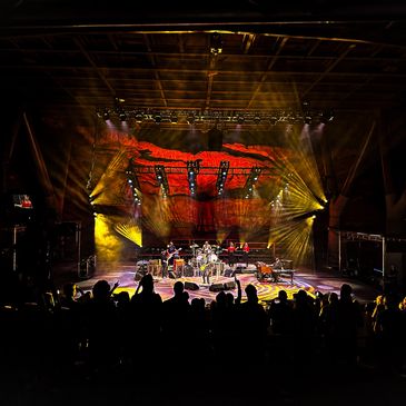 Band performing live on a stage with vibrant lighting.