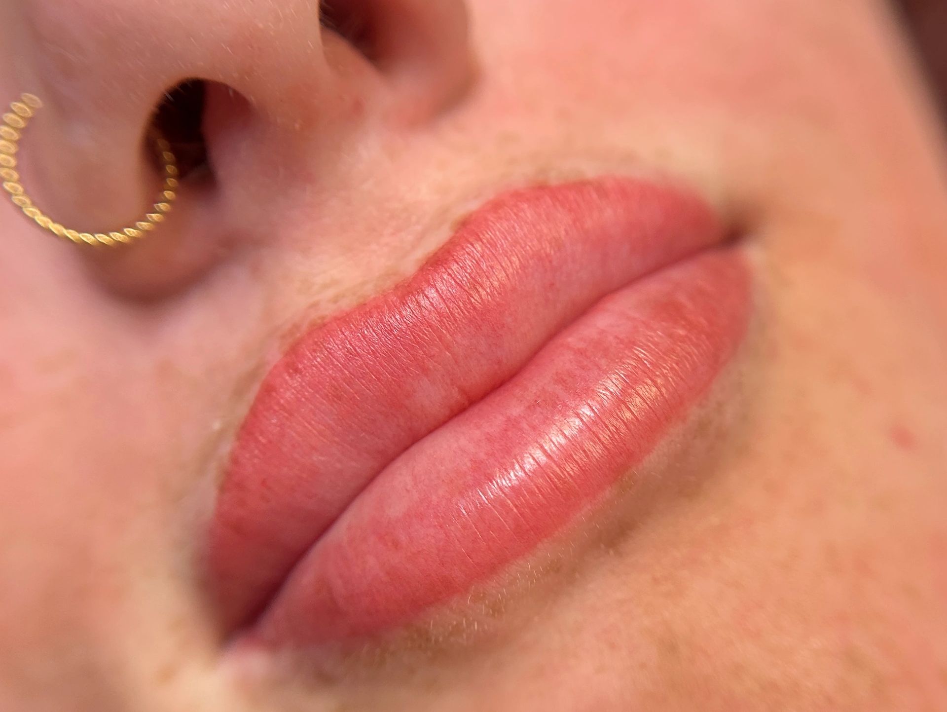 Close-up of lips and a nose with a gold nose ring.