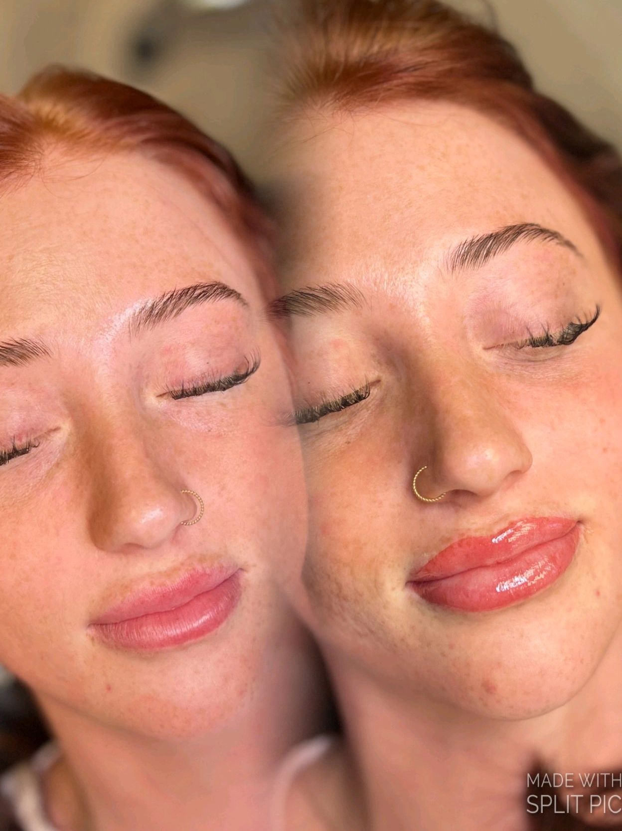 Side-by-side close-up of a woman's face with natural and glossy lips, both with closed eyes and a nose ring.
