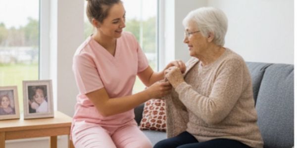 Young caregiver helping elderly woman with her sweater at home.