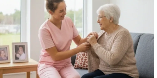 Young caregiver helping elderly woman with her sweater at home.